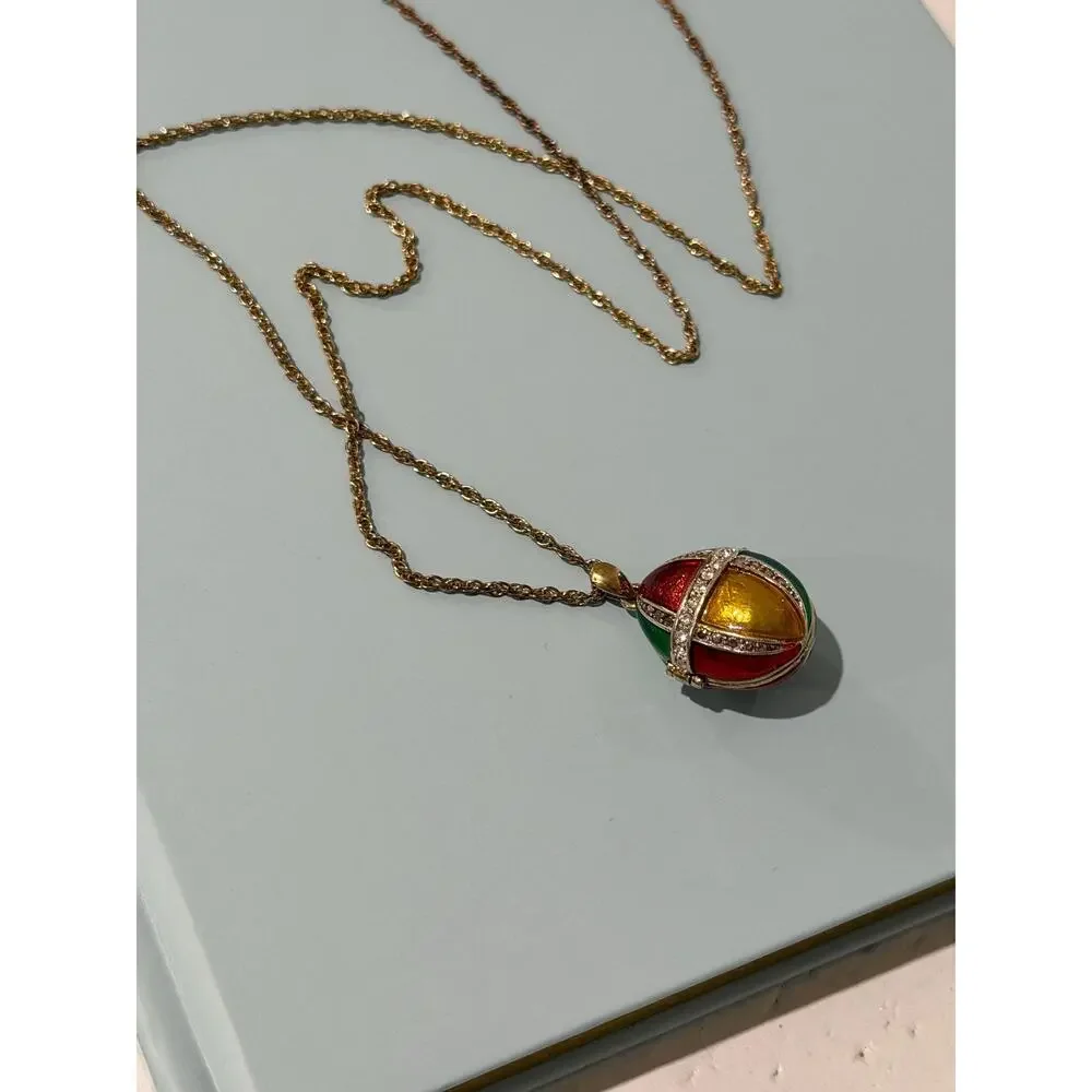 Vintage Joan Rivers Faberge Style Egg Locket Necklace • Gold Tone • Crystal Acc